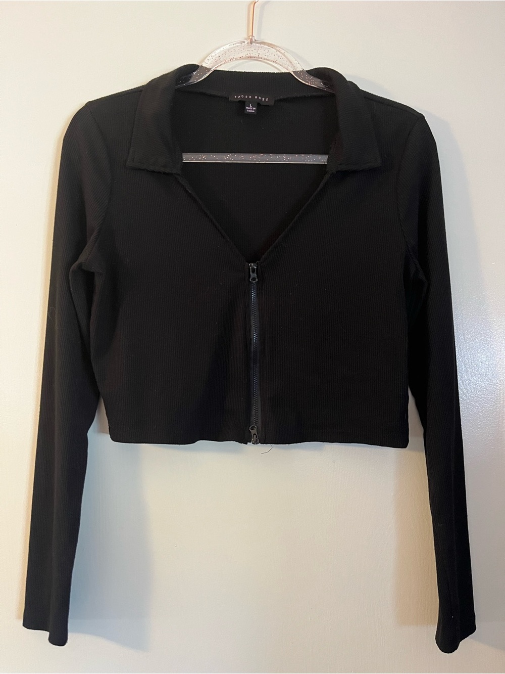 Ribbed Black Double Zip-Front Crop Top